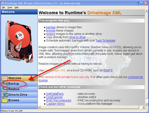 Pantalla de inicio de DriveImage XML